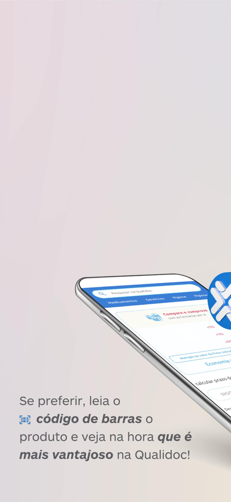 Qualidoc - Teléfono móvil mostrando la función de escaneo de códigos de barras de la aplicación Qualidoc para comparar precios de farmacia al instante