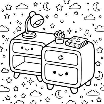 Discover our charming Kawaii Nightstands coloring page, where adorable furniture comes to life with sweet smiles. This delightful design features playful nightstands surrounded by a dreamy sky, perfect for a cozy coloring session.