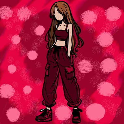 girl in baggy pants crop top and long hair