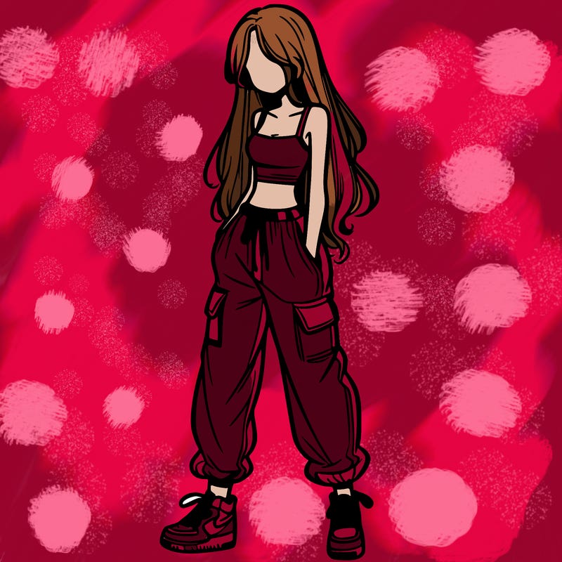 girl in baggy pants crop top and long hair