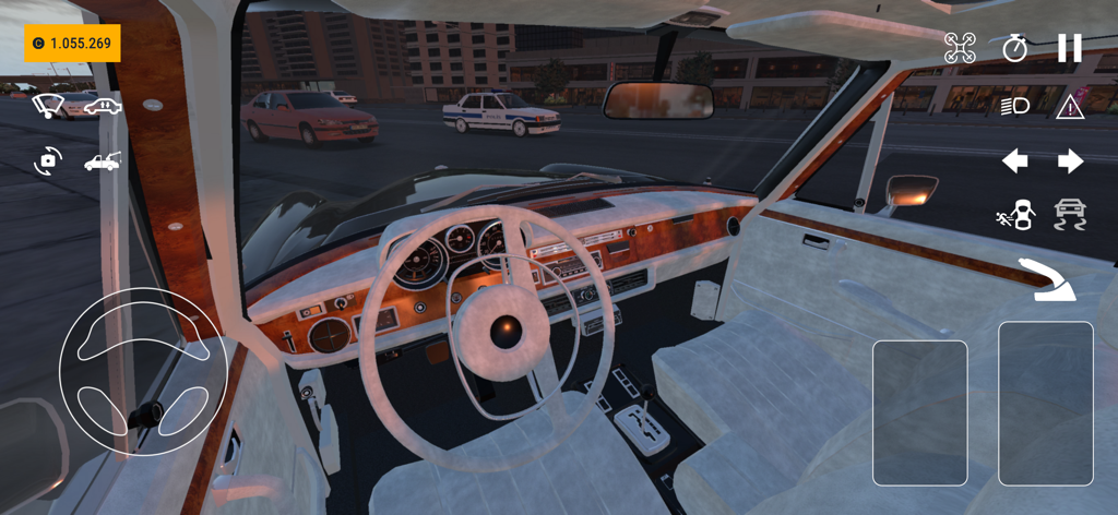 First person view of a classic car interior with detailed wooden dashboard and game controls in StreetPro Racing