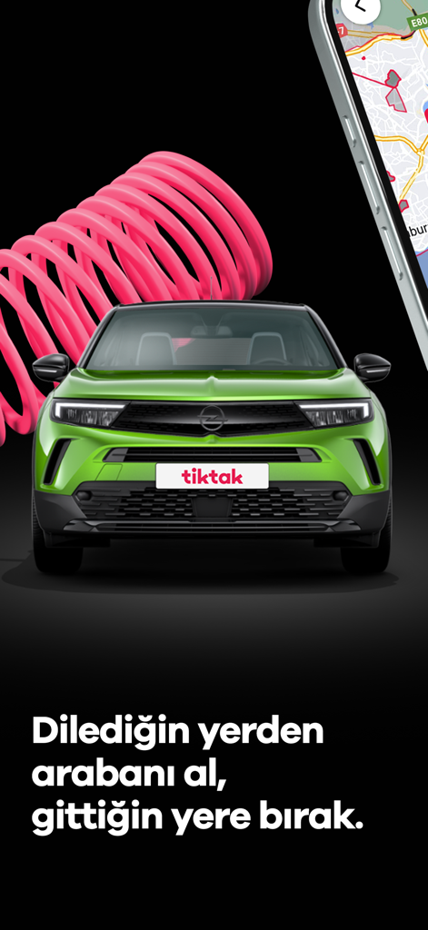 A green car branded with the TikTak logo next to a smartphone displaying a map for urban car sharing.
