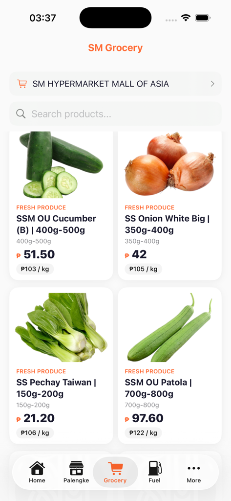AnoMura — Price Tracker PH - AnoMura app screen showing fresh produce prices at SM Hypermarket Mall of Asia