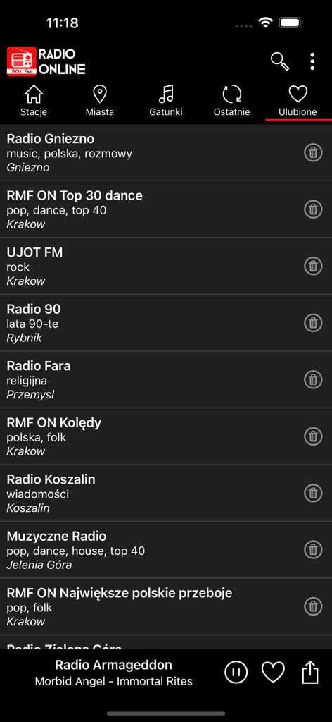 Radio Internetowe - Interface da aplicação Rádio por Internet mostrando uma lista de estações de rádio polacas favoritas