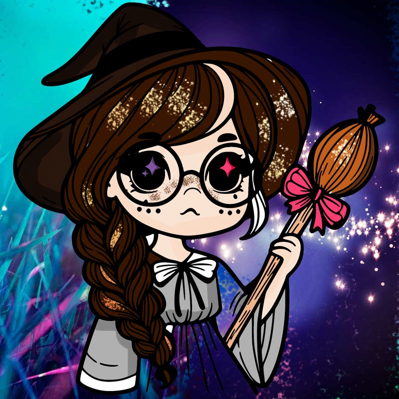 a witch with a braid and two glasses