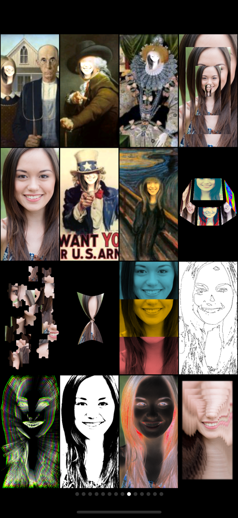 Mega Photo Pro - A collage showing various creative and funny photo filters and distortions in the Mega Photo Pro app