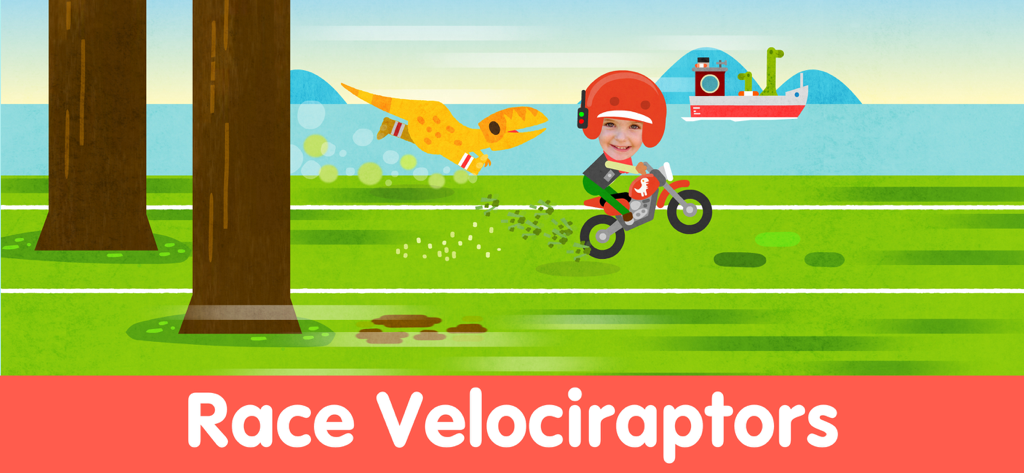 Dinosaur Puzzle Kid Dino Game - La cara de un niño en un corredor montando una moto y compitiendo contra un velociraptor amarillo en un parque.