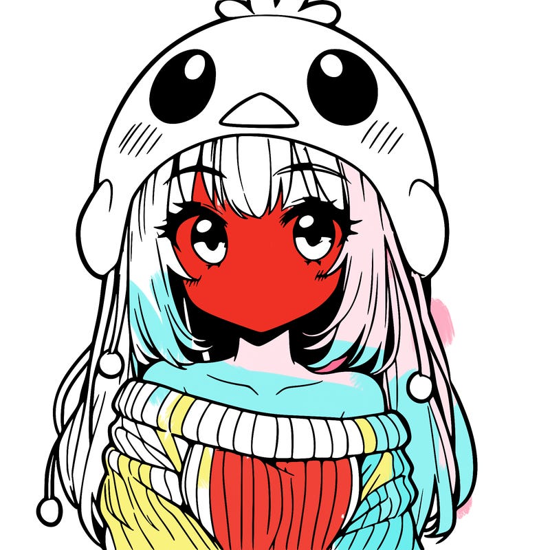 anime girl with chick shaped hat with sweater with bare shoulders with bangs covering them one eye with low tail