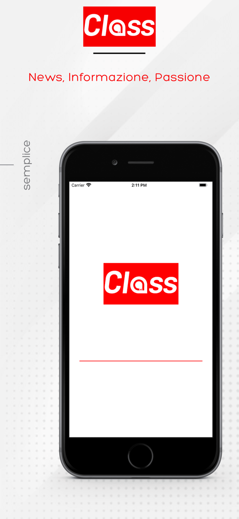Class - Pantalla de inicio de la aplicación de la revista Class en un dispositivo móvil mostrando el logo rojo y el eslogan News Informazione Passione