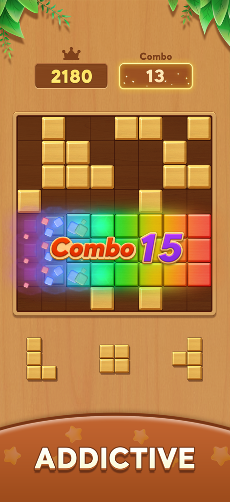 Block Crush！ - Block Crush gameplay showing a wooden block puzzle grid and a rainbow combo animation
