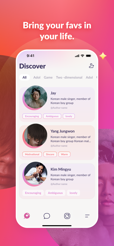 Yano AI- Bring my Favs to Life - The Discover screen of the Yano AI app showing AI character profiles of Korean singers with interactive personality tags.