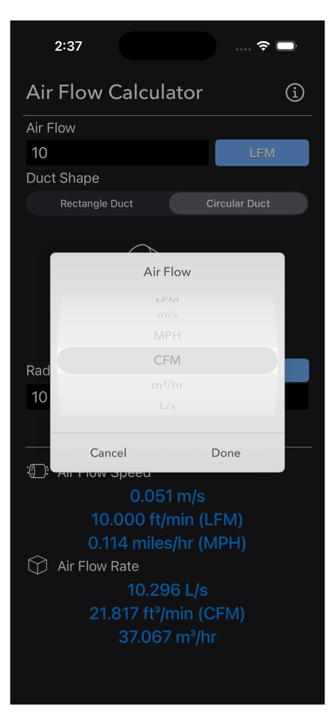 Air Flow Conversion Calculator app interface showing unit selection for CFM and LFM