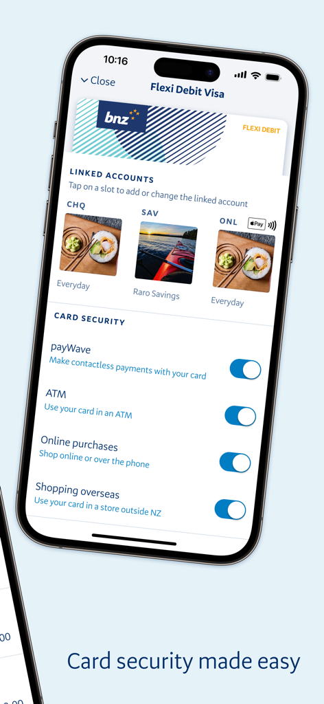 BNZ Mobile - BNZ Mobile app screen showing debit card security controls and linked accounts with personalization images