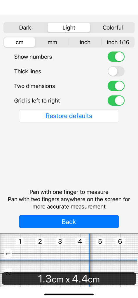 Settings screen of Ruler 2.0 app showing unit selection and two dimensional measurement grid