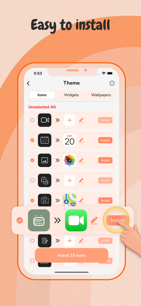 Icon Changer - Aesthetic OS 17 - A mobile interface showing a list of aesthetic app icons with an easy one-click install button.