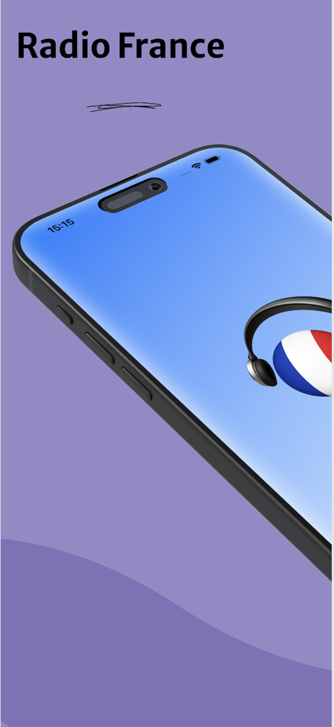 Smartphone mit dem Logo der Radio France App, Kopfhörern und den Farben der französischen Flagge