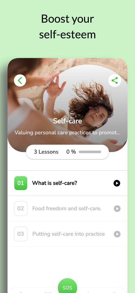 Brocco app interface displaying a self-care lesson module titled Boost your self-esteem with a progress bar and lesson list.