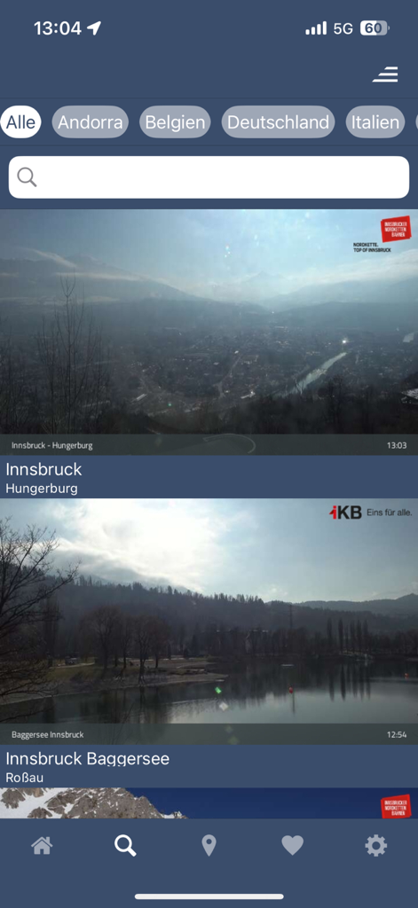 Interface of the feratel webcams app displaying live panoramic feeds from Innsbruck locations.