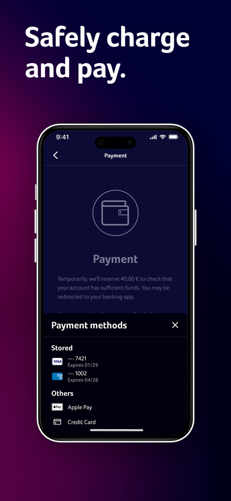 IONITY mobile app payment interface showing stored credit cards and Apple Pay options