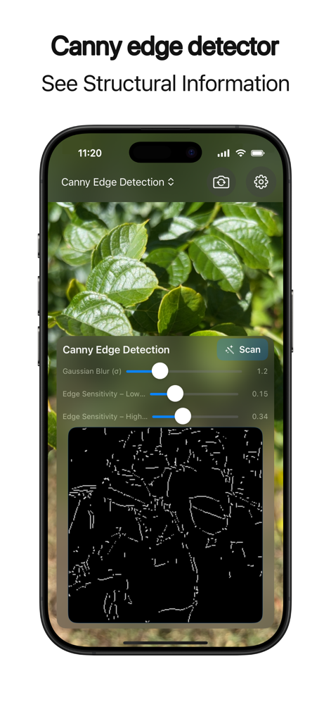 Image Toolkit Pro - Screenshot of the Image Toolkit Pro app demonstrating the real-time Canny edge detector feature with adjustable sensitivity sliders on a photo of green leaves.