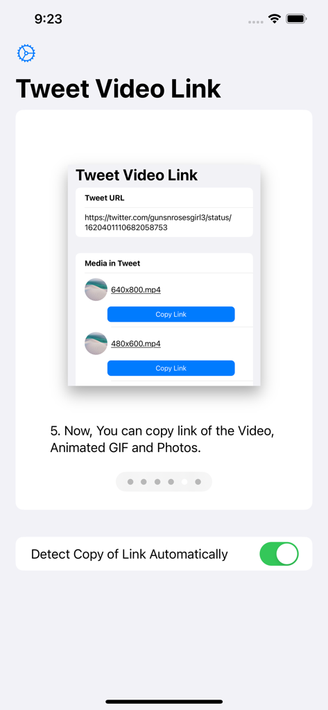 Interfaz de la app Enlaces de Video para Twitter que muestra enlaces directos extraídos para videos y GIFs animados de un tweet con botones para copiar.