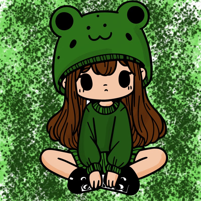 a girl wearing a frog hat and some frog socks