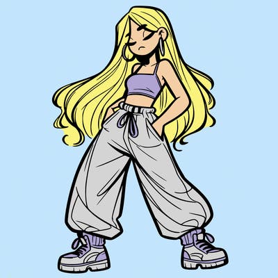 girl in baggy pants crop top and long hair