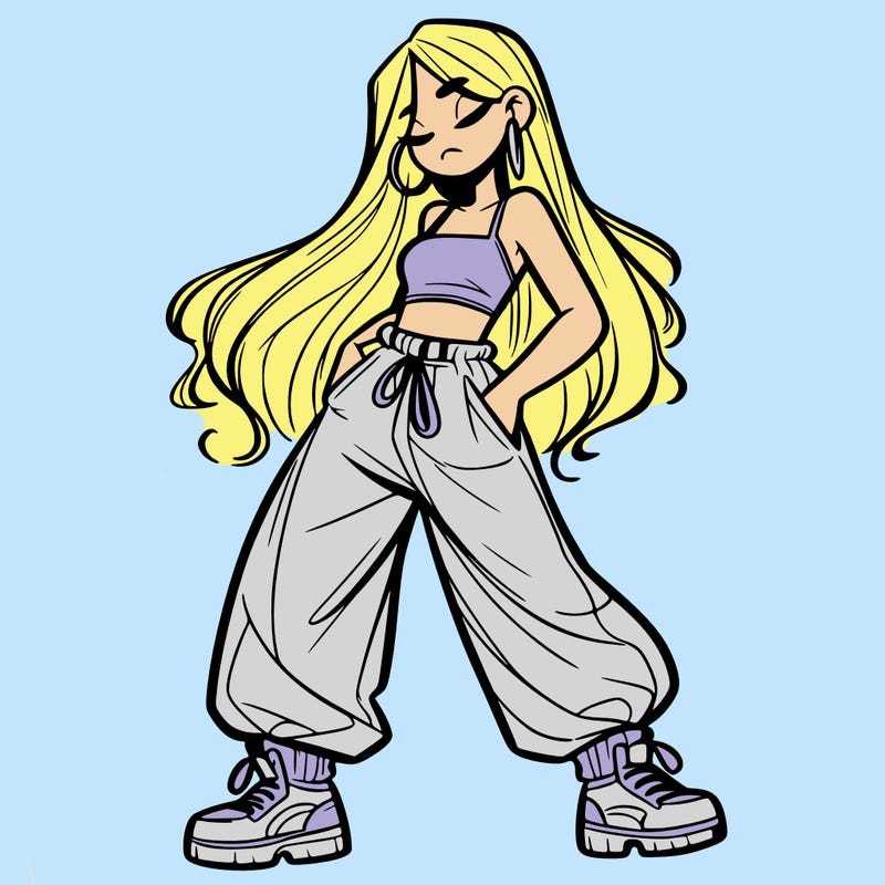 girl in baggy pants crop top and long hair