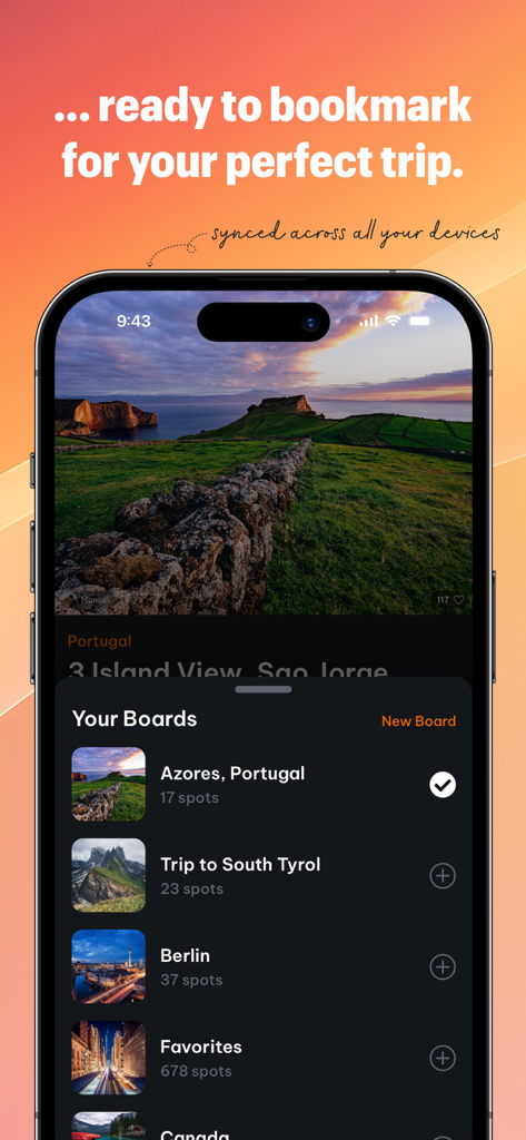 Mobile interface of Locationscout app showing travel boards to bookmark photo spots for a perfect trip
