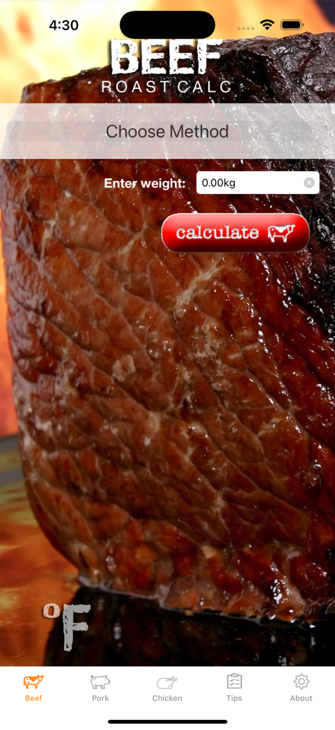 Roast Calc - Roast Calc mobile app screen showing beef roast cooking time calculator interface with weight input