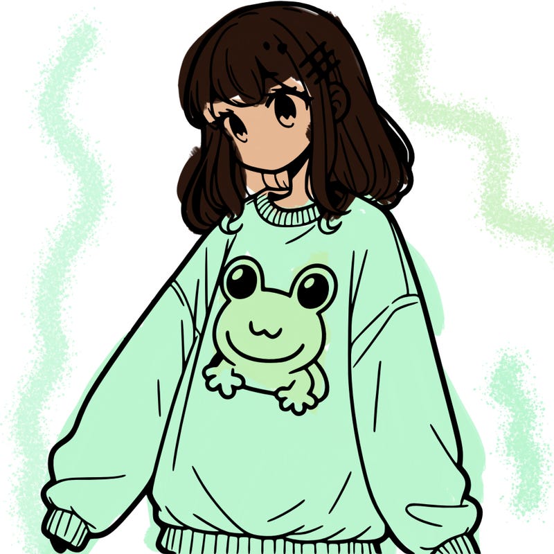 girl wearing frogging sweatshirt