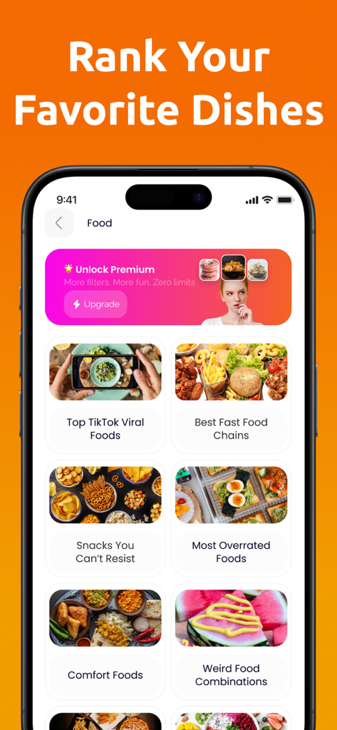 App screen showing food category ranking options for social media content
