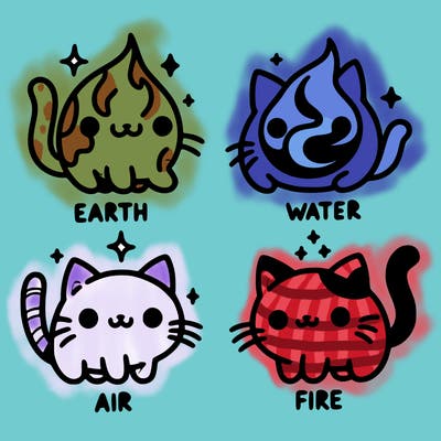 4 cats that represent the different elements, earth, water, air, and fire