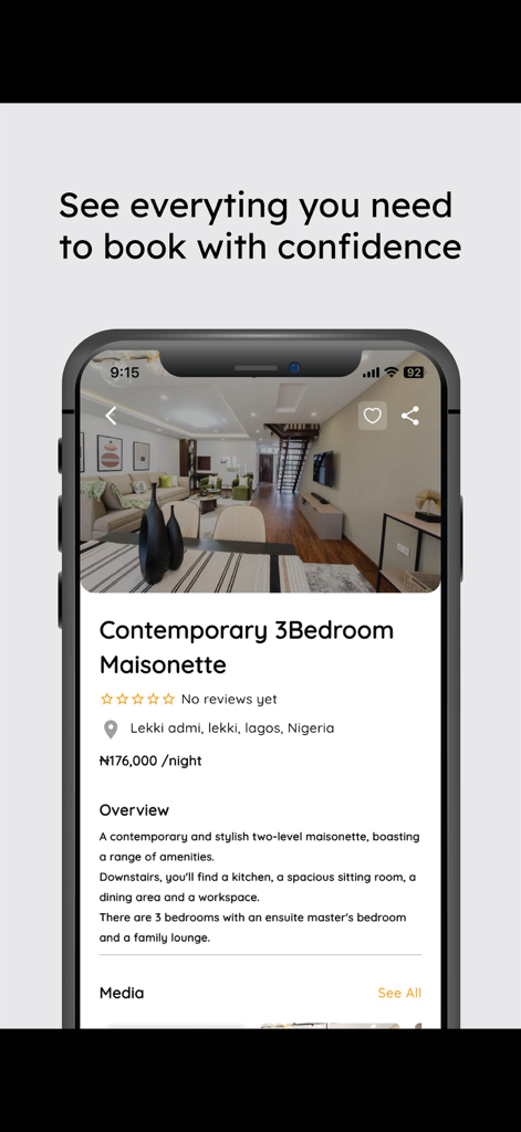 Shrbo - Shrbo app interface displaying a contemporary maisonette property listing with booking details