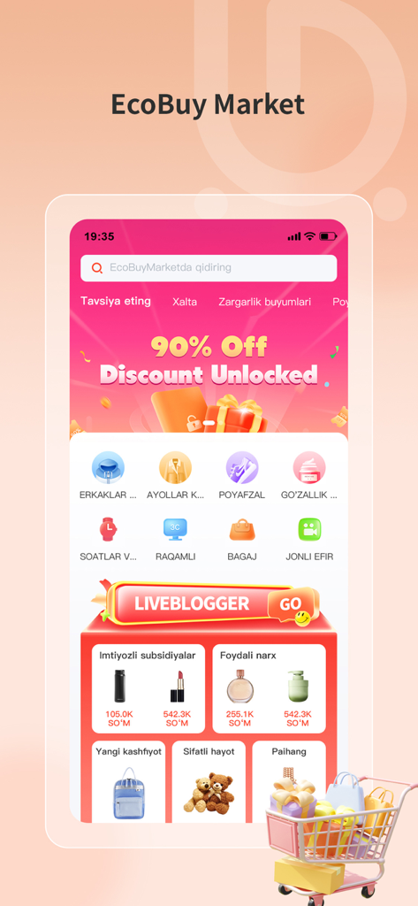 EcoBuyMarket - Interfaz de la aplicación móvil EcoBuy Market que muestra varias categorías de compras y descuentos promocionales para usuarios de Asia Central.