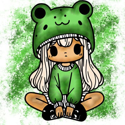 a girl wearing a frog hat and some frog socks