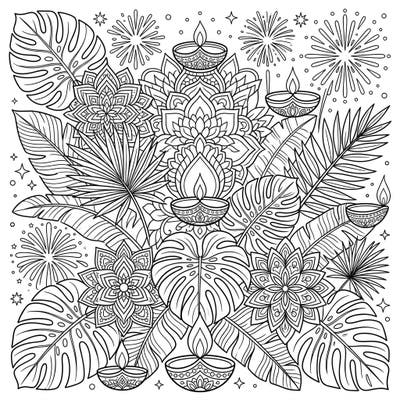 Immerse yourself in a unique fusion of nature and celebration with this stunning Tropical Leaves and Diwali coloring page. Discover intricate patterns of monstera, palm, and banana leaves beautifully intertwined with festive diyas and mandalas, offering a peaceful and creative escape.