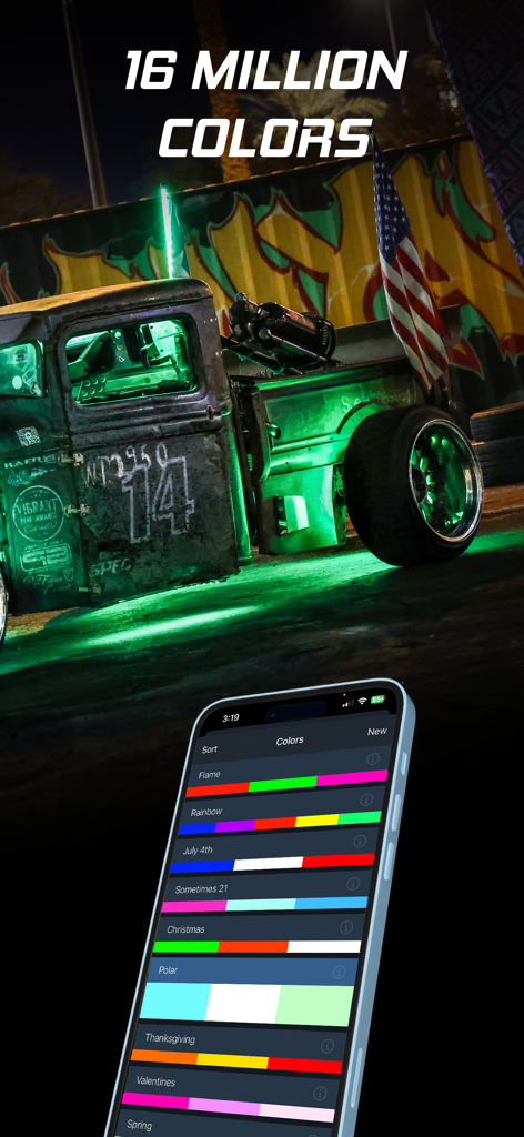 XKmax - Smartphone displaying XKmax app color themes next to a truck with green LED underglow