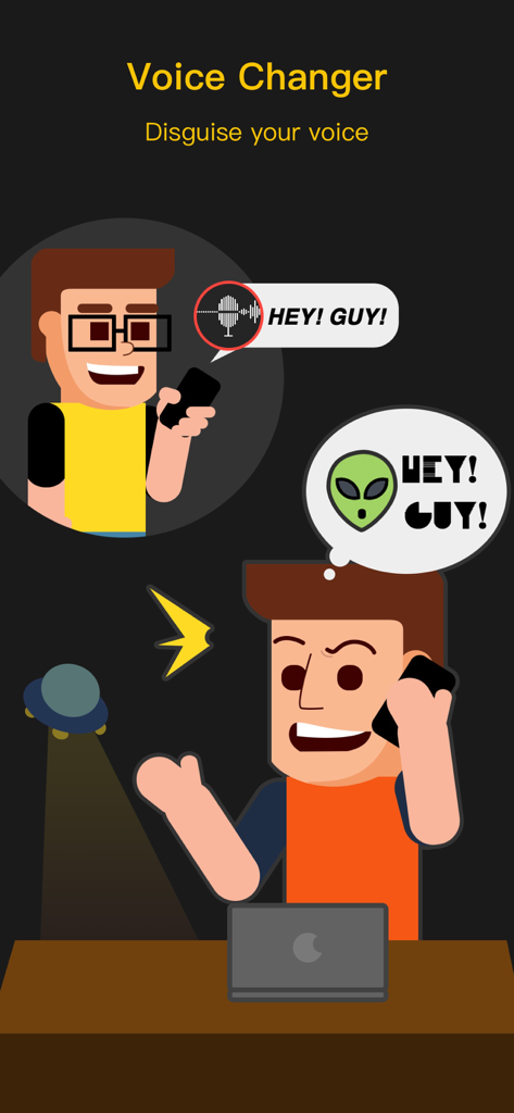 Voice Changer Recorder - Ilustração em desenho de um usuário enviando uma mensagem de voz transformada em um efeito de voz de alienígena usando o aplicativo Modificador de Voz