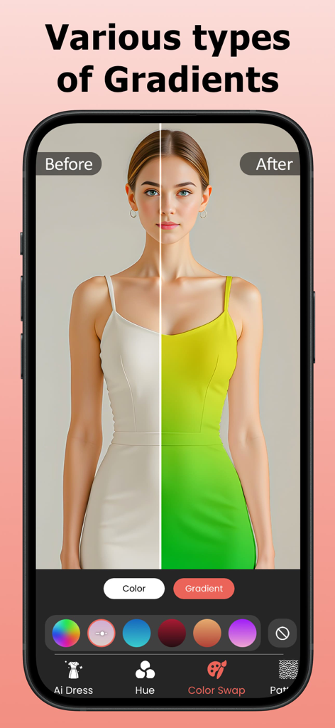 Recolor Dress & Clothes Colour - Side by side comparison of a white dress being transformed into a vibrant green and yellow gradient using the clothes recolor app interface.