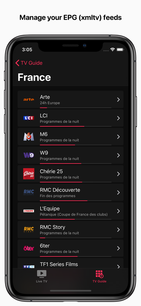 Feedlix TV app screen displaying the EPG TV guide with a list of French channels