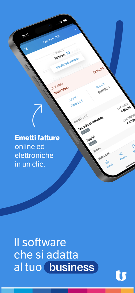 Fatture in Cloud app on a smartphone showing an electronic invoice summary and business details