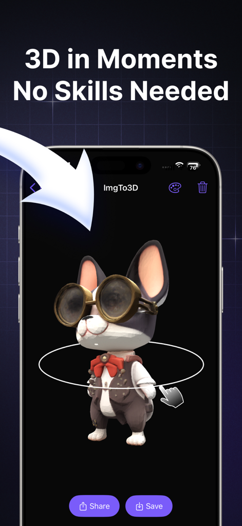 The ImgTo3D app displaying a 3D model of a bulldog with goggles and a waistcoat created instantly from an image