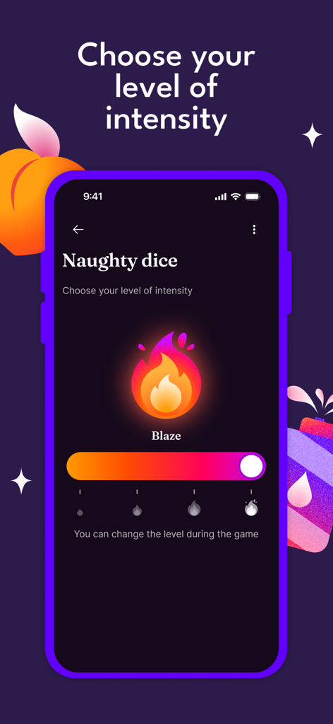 koopla - Naughty Couple Game - Interface pour choisir le niveau d'intensité du jeu de dés coquins dans l'application koopla.