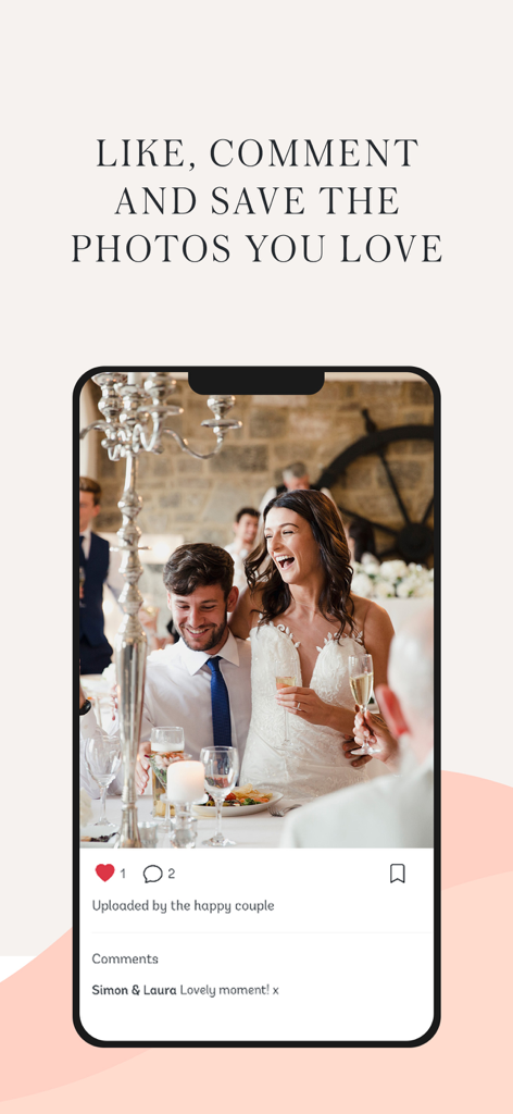 Wedding Photo Swap & Share - Interface of Wedding Photo Swap app showing likes and comments on a wedding photo