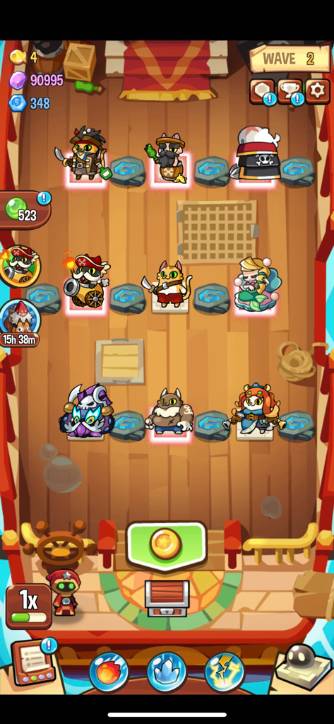 Summoner's Greed: Idle TD Hero - Captura de pantalla de juego de Summoner's Greed mostrando varios monstruos de dibujos animados colocados estratégicamente en una cuadrícula de defensa de torres