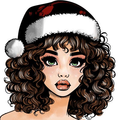 realistic girl with a santa hat curly hair and lips