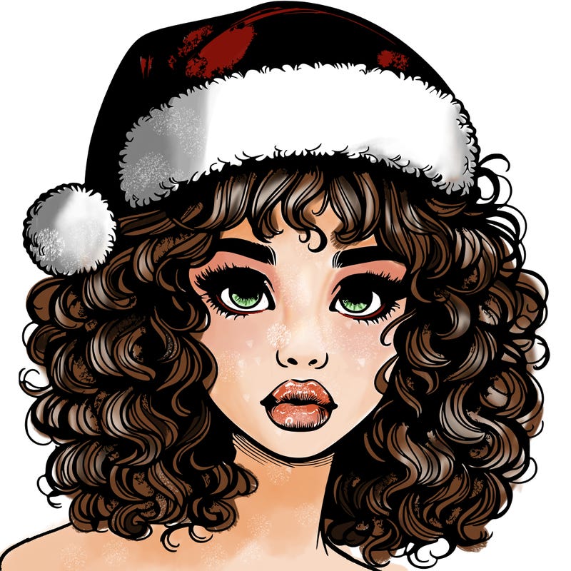 realistic girl with a santa hat curly hair and lips