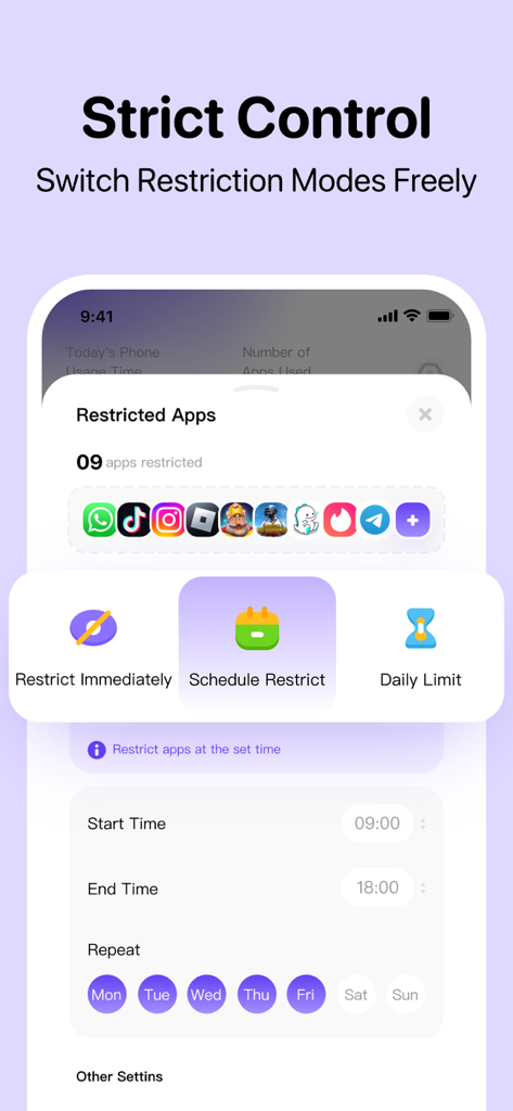 Hidem - App Lock, Lock Apps - Pantalla de la app Hidem que muestra la configuración de restricción de horarios para aplicaciones seleccionadas de lunes a viernes.