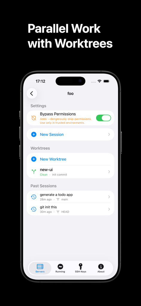 Screen showing parallel work with worktrees and past sessions in the ServerCC app